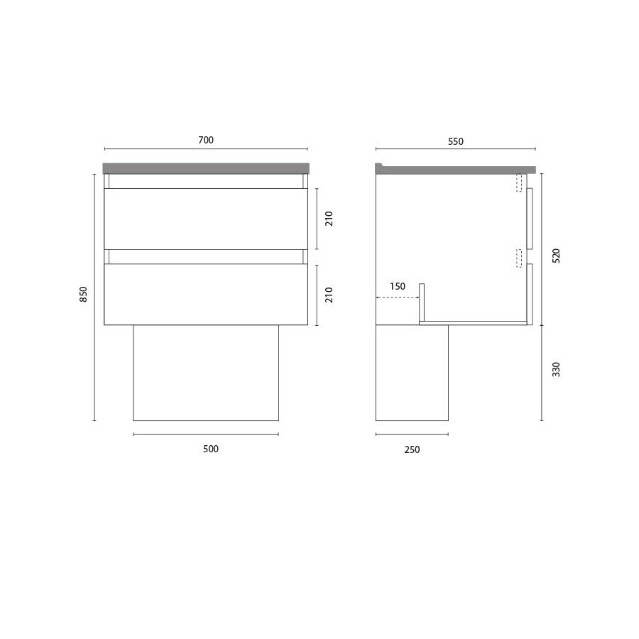 Caisson de meuble salle de bain 70 cm ARLEQUIN Blanc + traverses grises - plan