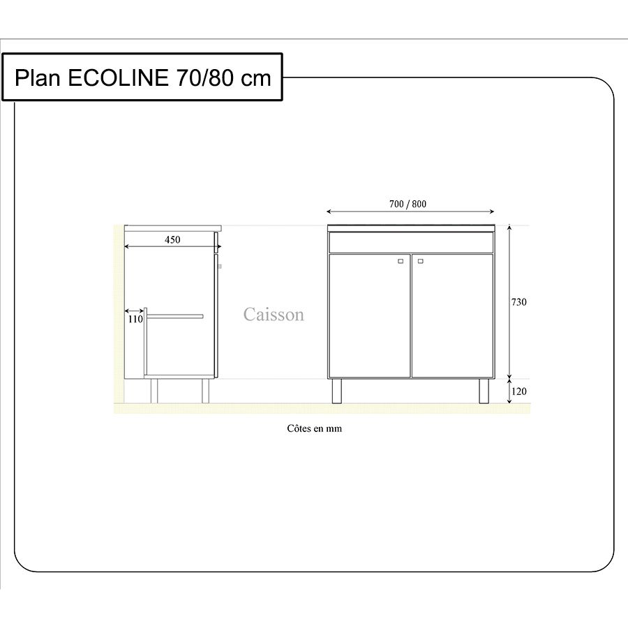 Caisson de meuble salle de bain sur pieds 70 cm ECOLINE Blanc - plan