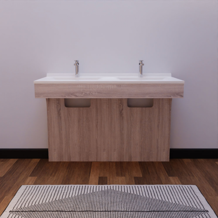 Ensemble ALTEA meuble double vasque PMR 120 cm  coloris bois avec plan vasque en résine blanc