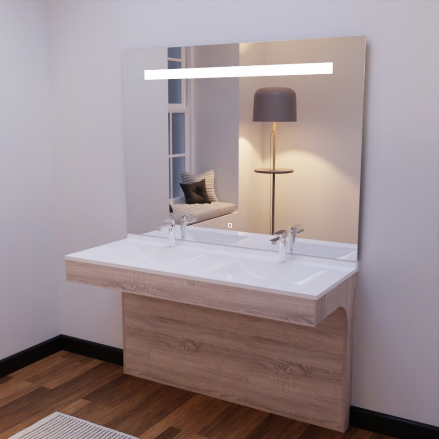 Ensemble meuble de salle de bain Altea PMR coloris bois 140 cm de largeur avec plan double vasque blanc en résine et miroir LED Elégance grande hauteur