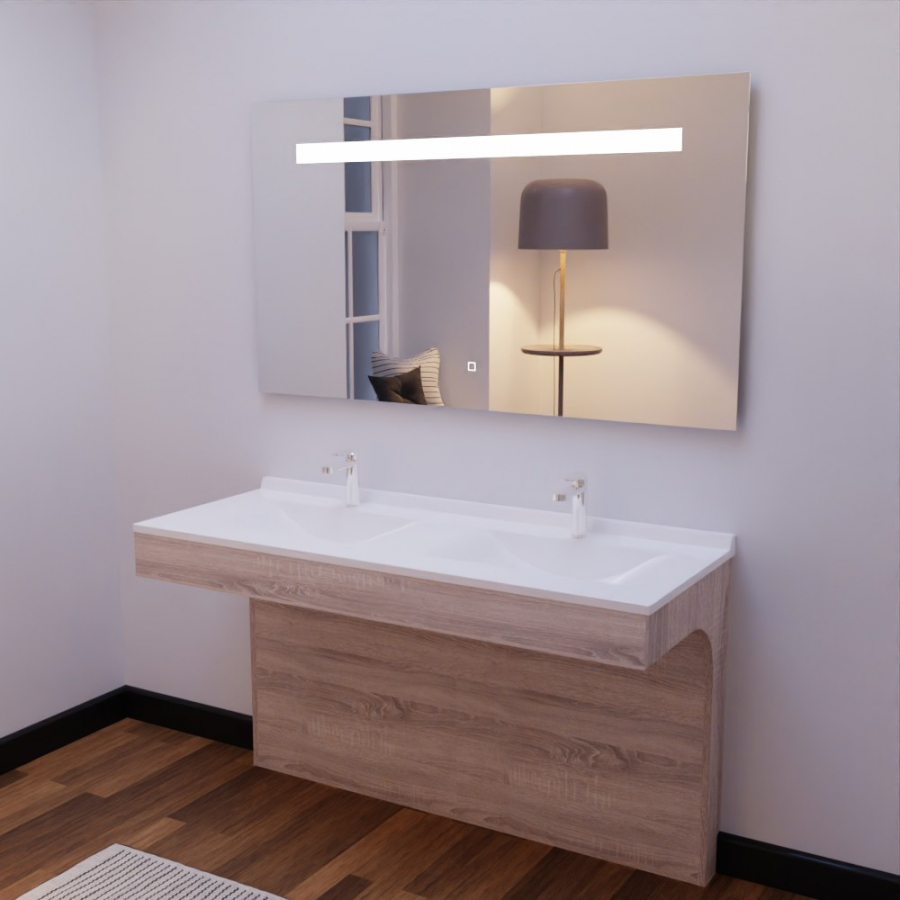 Ensemble meuble de salle de bain Altea PMR coloris bois 140 cm de largeur avec plan double vasque blanc en résine et miroir LED Elégance 