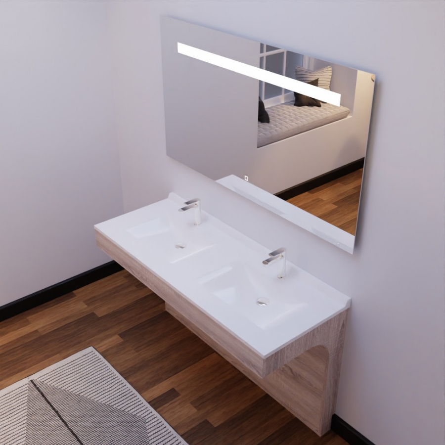 Ensemble meuble de salle de bain Altea PMR coloris bois 140 cm de largeur avec plan double vasque blanc en résine et miroir LED Elégance