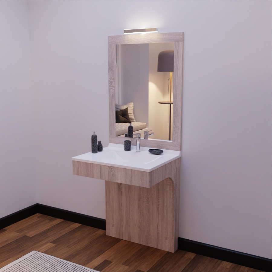 Ensemble meuble salle de bain PMR ALTEA 70 cm avec miroir Miralt et applique et mise en situation