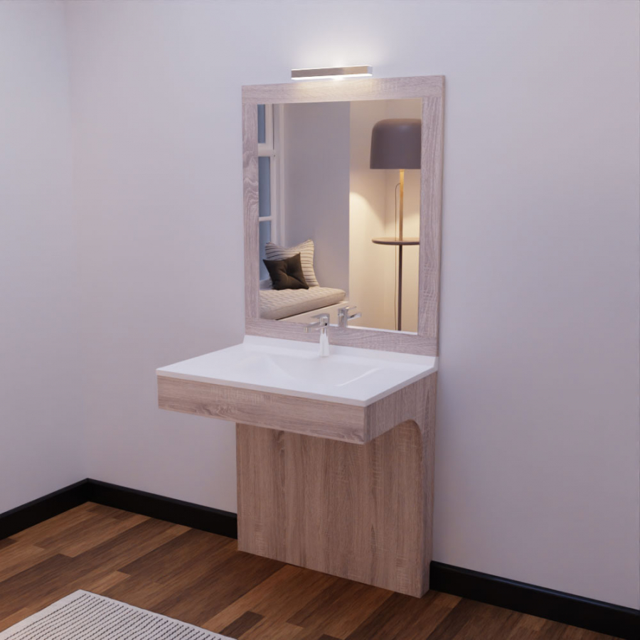 Ensemble meuble de salle de bain Altea PMR coloris bois 80 cm de largeur avec plan vasque blanc en résine et miroir avec applique LED cadre bois assorti 