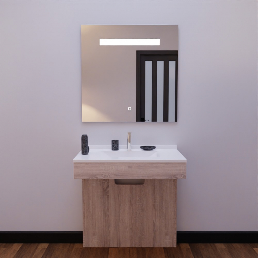 Ensemble meuble de salle de bain Altea PMR coloris bois 80 cm de largeur avec plan vasque blanc en résine et miroir LED Elegance carré 80 cm x 80 cm