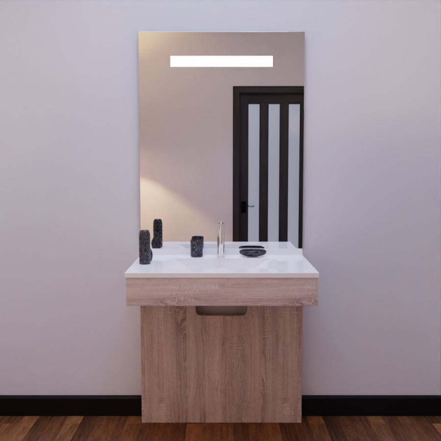 Ensemble meuble de salle de bain Altea PMR coloris bois 80 cm de largeur avec plan vasque blanc en résine et miroir LED Elegance grande hauteur