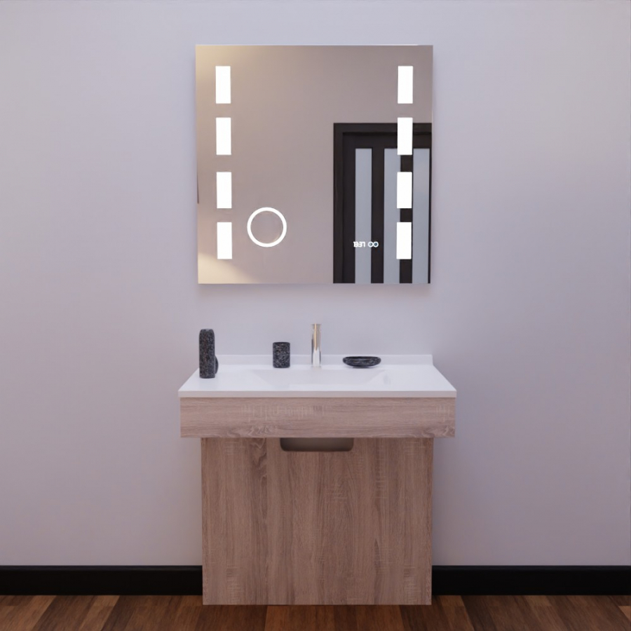 Ensemble meuble de salle de bain Altea PMR coloris bois 80 cm de largeur avec plan vasque blanc en résine et miroir LED Excellence carré 80 cm x 80 cm