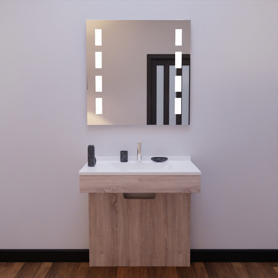 Ensemble meuble de salle de bain Altea PMR coloris bois 80 cm de largeur avec plan vasque blanc en résine et miroir LED Prestige carré 80 cm x 80 cm