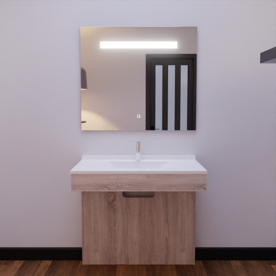 Ensemble meuble de salle de bain Altea PMR coloris bois 90 cm de largeur avec plan vasque blanc en résine et miroir LED Elégance 90 cm x 80 cm