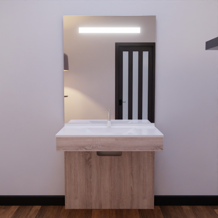 Ensemble meuble de salle de bain Altea PMR coloris bois 90 cm de largeur avec plan vasque blanc en résine et miroir LED Elégance 90 cm x 105 cm
