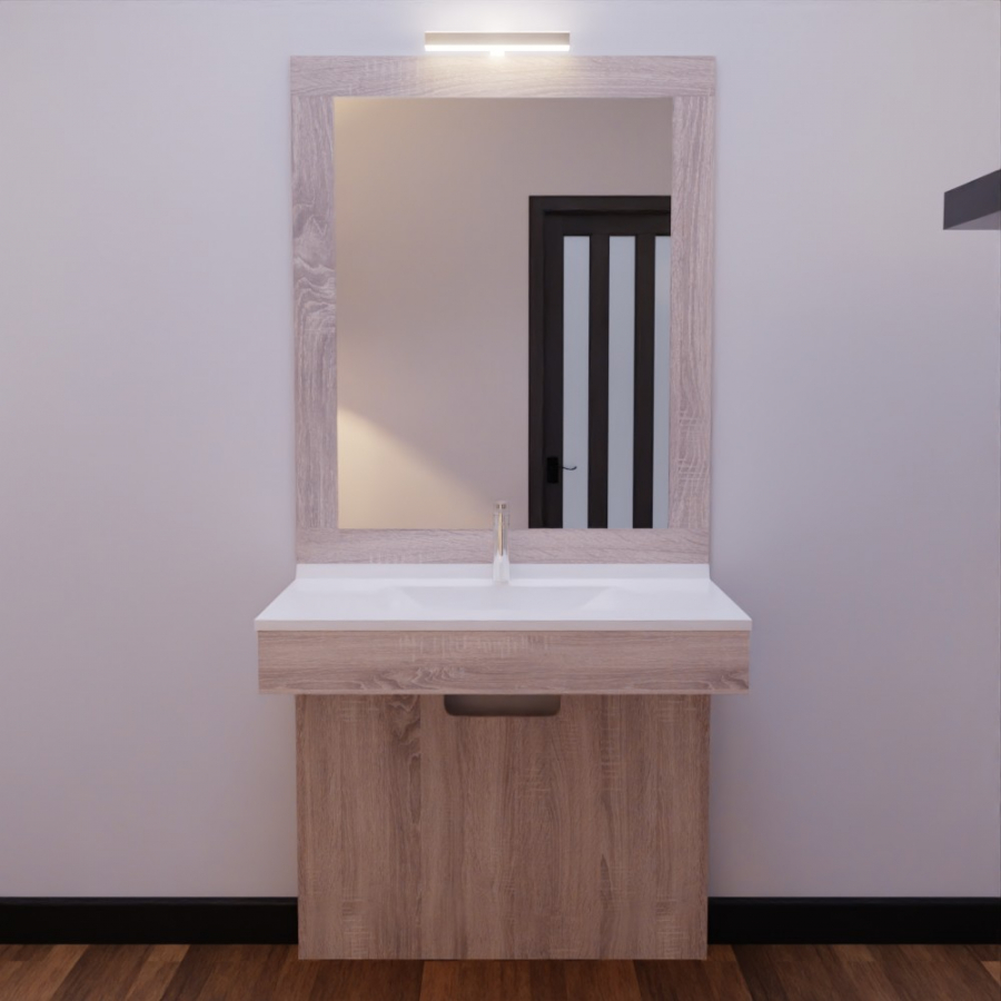 Ensemble meuble de salle de bain Altea PMR coloris bois 90 cm de largeur avec plan vasque blanc en résine et miroir avec applique LED cadre bois assorti