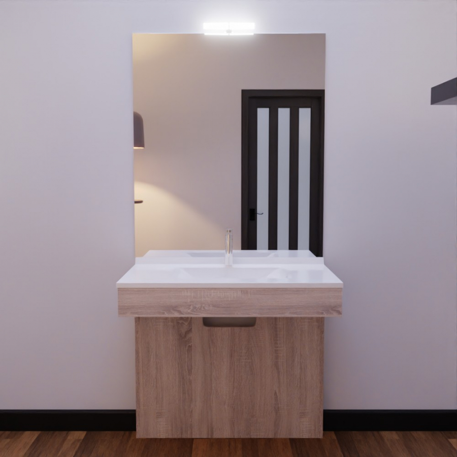 Ensemble meuble de salle de bain Altea PMR coloris bois 90 cm de largeur avec plan vasque blanc en résine et miroir avec applique LED 