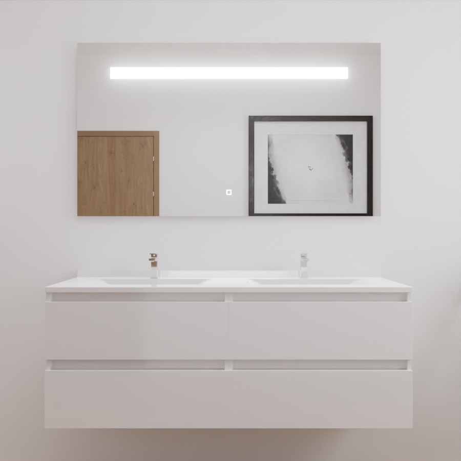 Ensemble meuble salle de bain double vasque 140 cm ARLEQUIN blanc et miroir LED Elegance