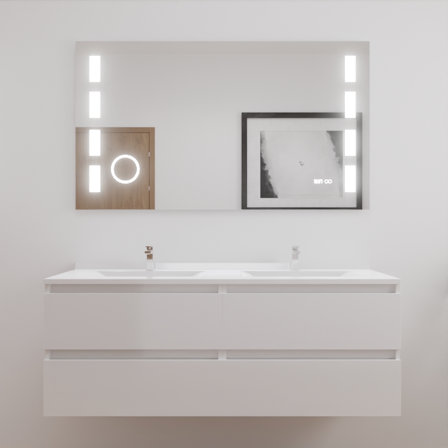 Ensemble meuble salle de bain double vasque 140 cm ARLEQUIN blanc et miroir LED Excellence