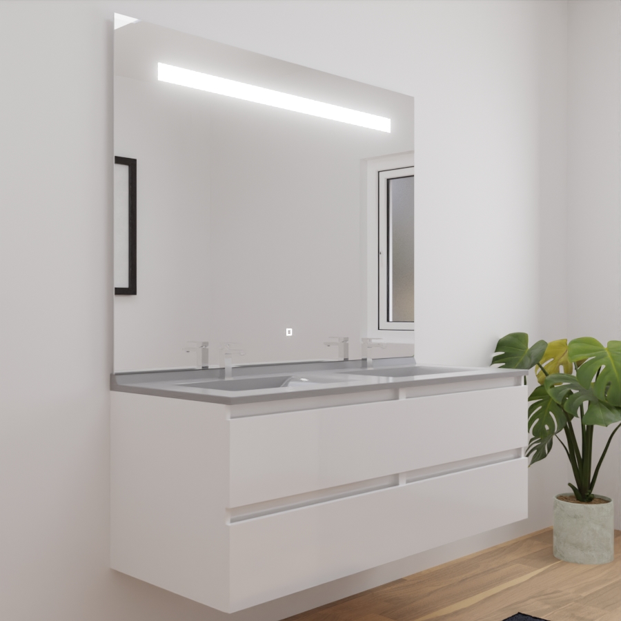 Ensemble meuble salle de bain double vasque 140 cm ARLEQUIN blanc plan vasque gris et miroir LED Elegance gtande hauteur