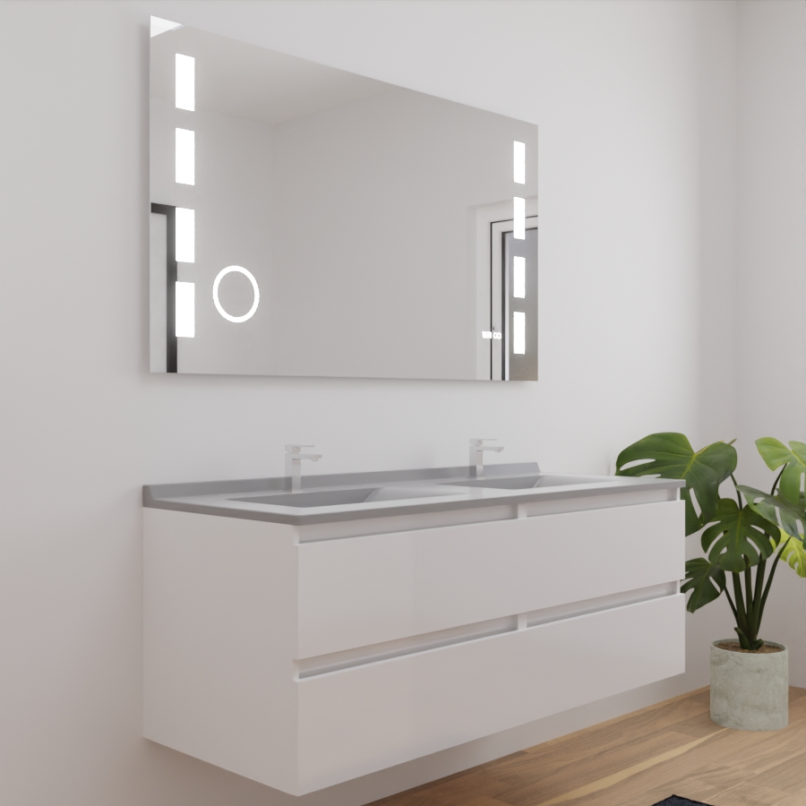 Ensemble meuble salle de bain double vasque 140 cm ARLEQUIN blanc plan vasque gris et miroir LED Excellence