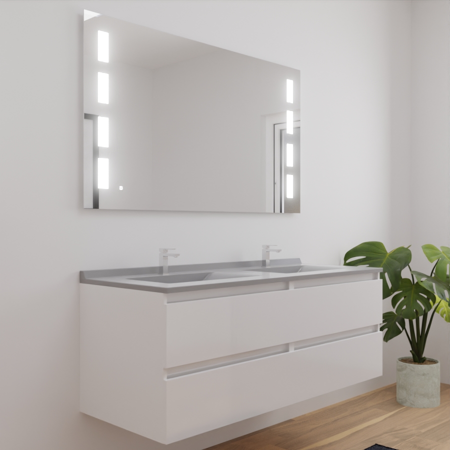 Ensemble meuble salle de bain double vasque 140 cm ARLEQUIN blanc plan vasque gris et miroir LED Prestige