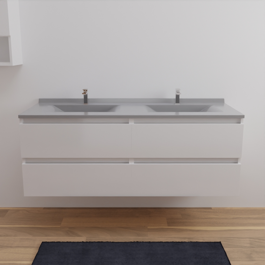 Ensemble meuble salle de bain ARLEQUIN coloris blanc avec plan double vasque gris 140 cm x 55 cm 