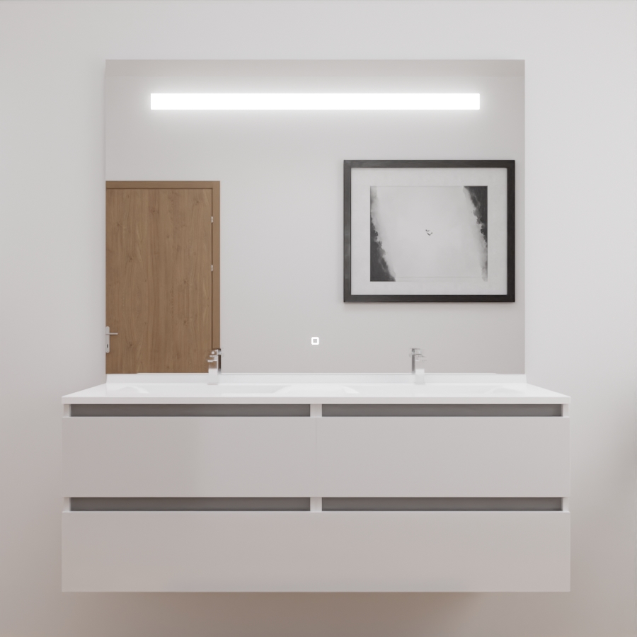 Ensemble meuble salle de bain double vasque 140 cm ARLEQUIN blanc avec traverses grises et miroir LED Elegance grande hauteur