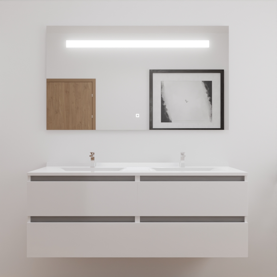 Ensemble meuble salle de bain double vasque 140 cm ARLEQUIN blanc avec traverses grises et miroir LED Elegance