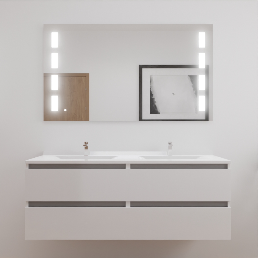 Ensemble meuble salle de bain double vasque 140 cm ARLEQUIN blanc avec traverses grises et miroir LED Prestige