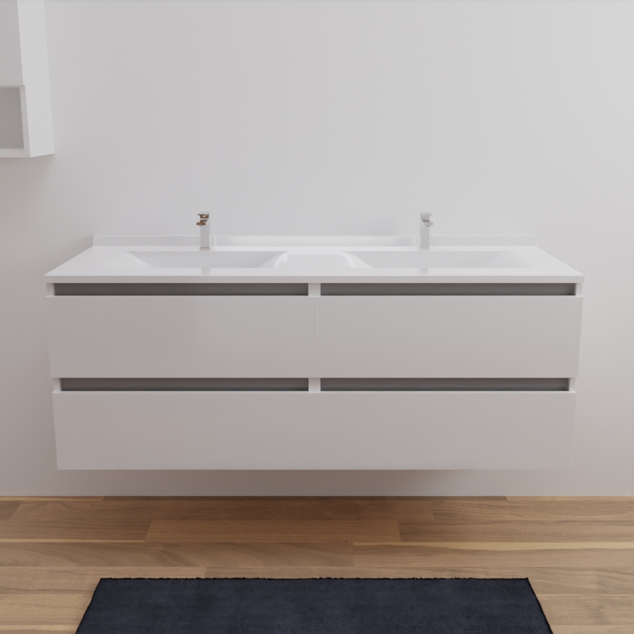 Ensemble meuble salle de bain ARLEQUIN coloris blanc et gris avec plan double vasque blanc 140 cm x 55 cm 