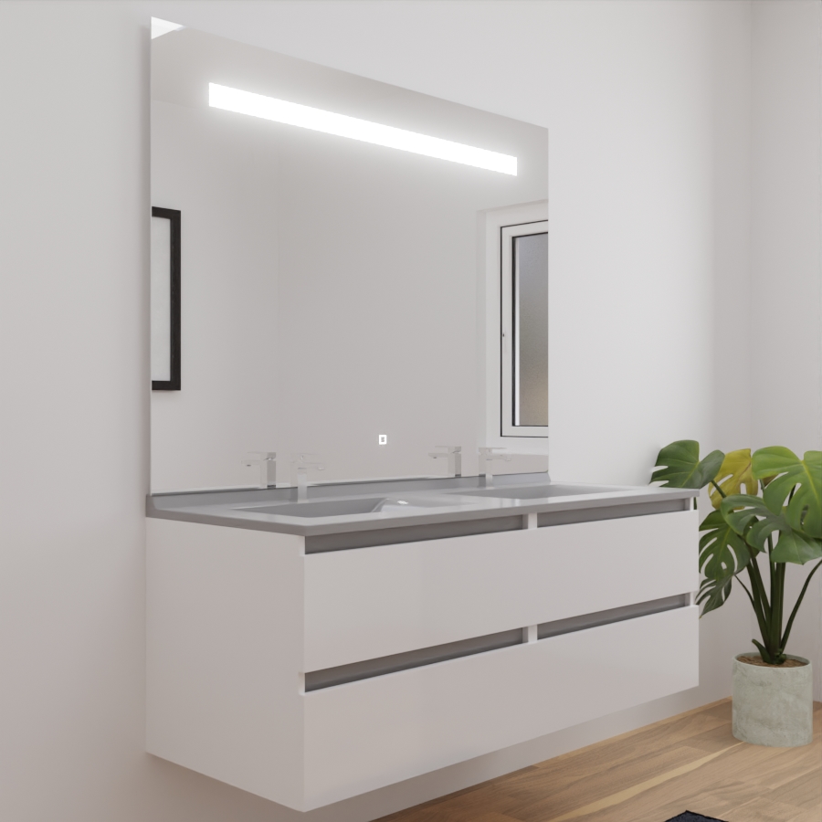 Ensemble meuble salle de bain double vasque 140 cm ARLEQUIN blanc avec traverses grises plan vasque gris et miroir LED Elegance grande hauteur