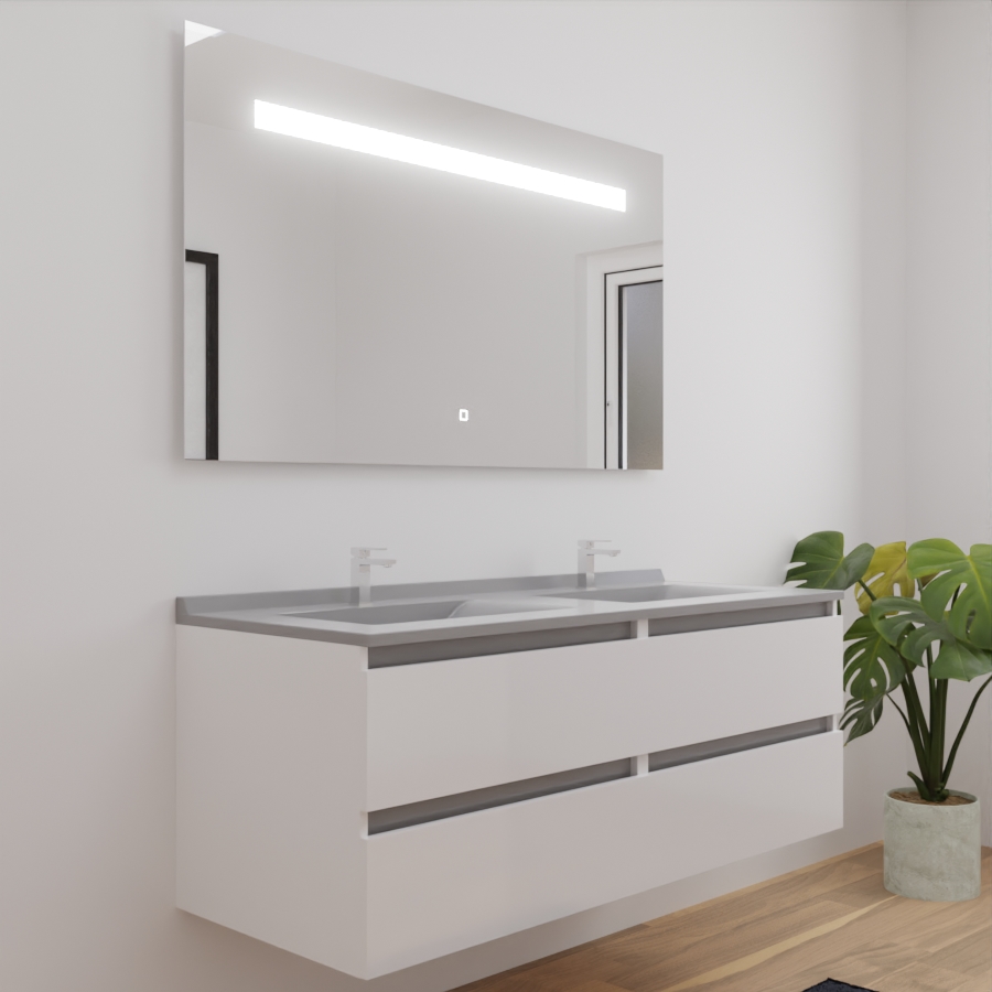 Ensemble meuble salle de bain double vasque 140 cm ARLEQUIN blanc avec traverses grises plan vasque gris et miroir LED Elegance