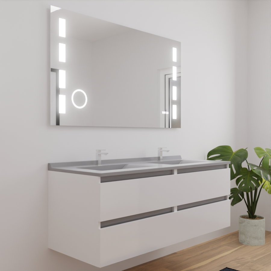 Ensemble meuble salle de bain double vasque 140 cm ARLEQUIN blanc avec traverses grises plan vasque gris et miroir LED Excellence