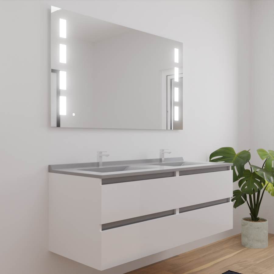 Ensemble meuble salle de bain double vasque 140 cm ARLEQUIN blanc avec traverses grises plan vasque gris et miroir LED Prestige