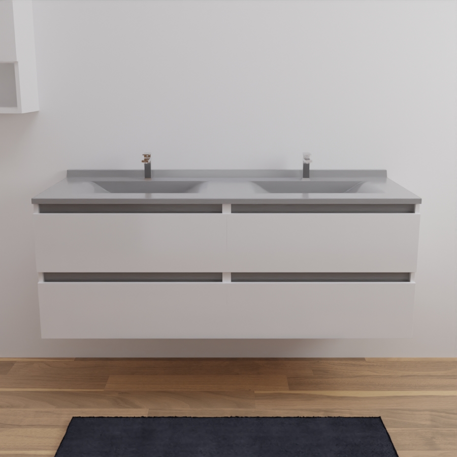 Ensemble meuble salle de bain ARLEQUIN coloris blanc et gris avec plan double vasque gris 140 cm x 55 cm 