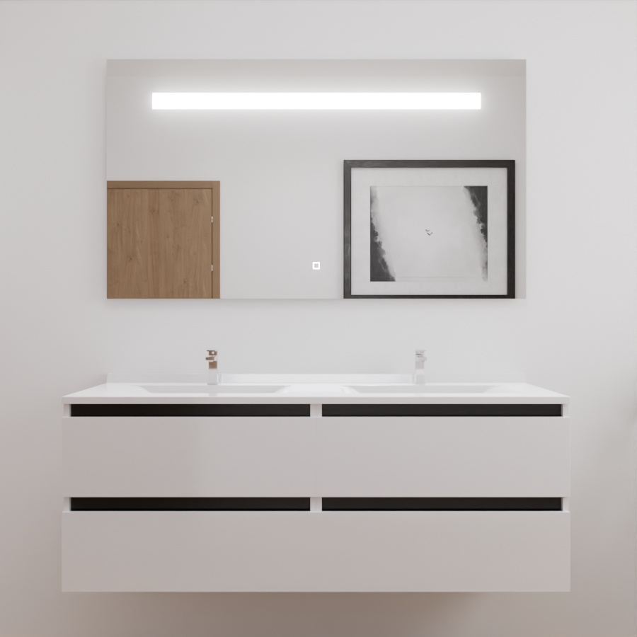 Ensemble meuble salle de bain double vasque 140 cm ARLEQUIN blanc avec traverses noires et miroir LED Elegance
