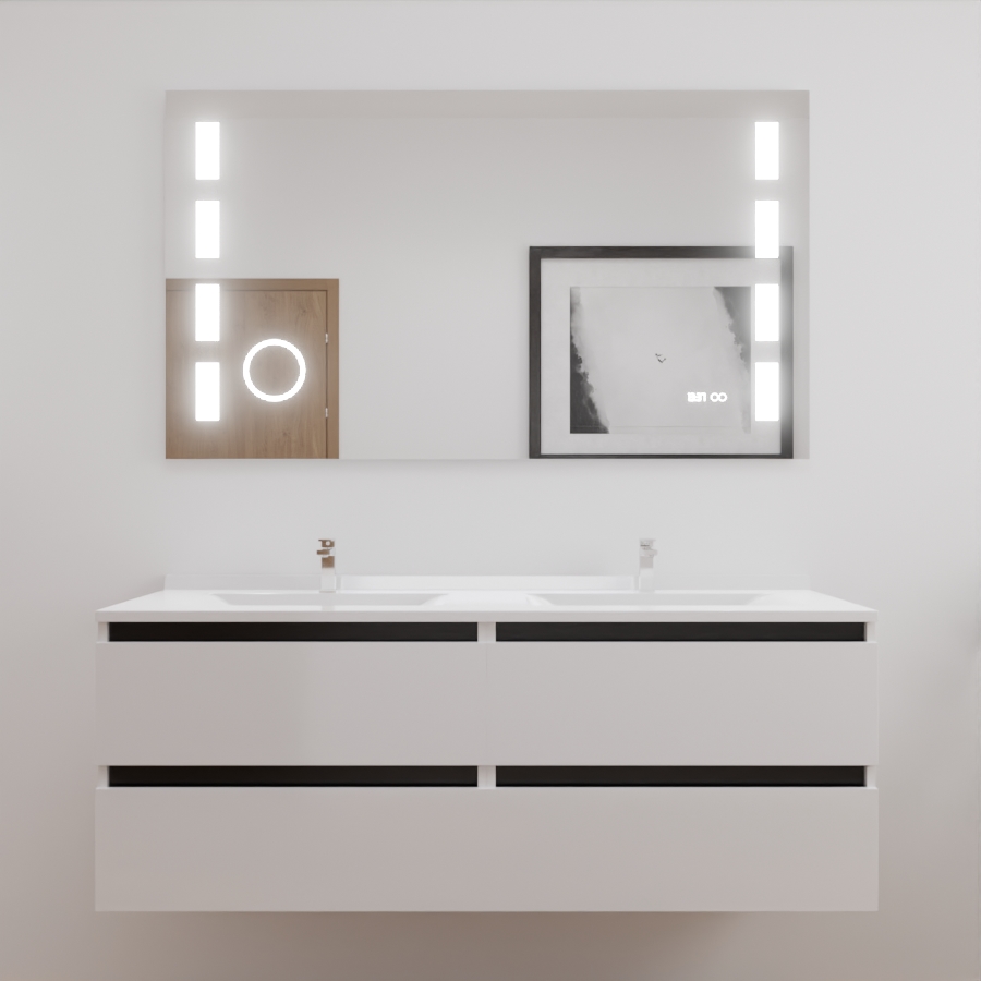 Ensemble meuble salle de bain double vasque 140 cm ARLEQUIN blanc avec traverses noires et miroir LED Excellence