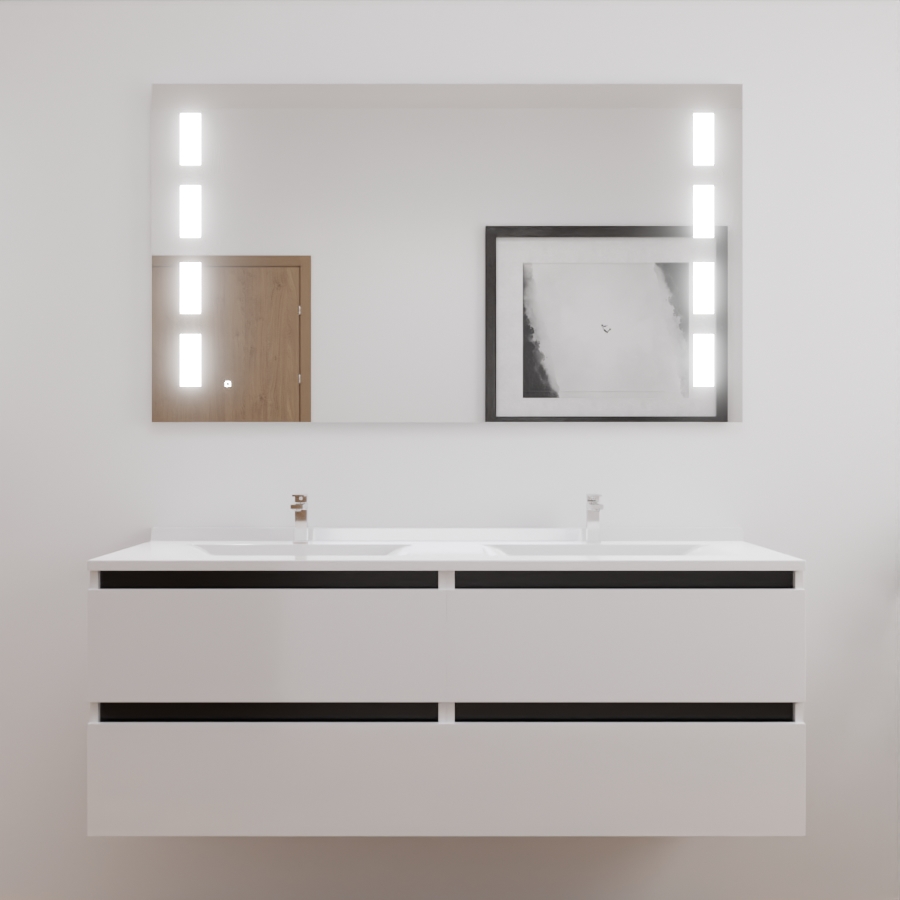 Ensemble meuble salle de bain double vasque 140 cm ARLEQUIN blanc avec traverses noires et miroir LED Prestige
