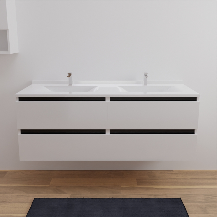 Ensemble meuble salle de bain ARLEQUIN coloris blanc et noir avec plan double vasque blanc 140 cm x 55 cm 