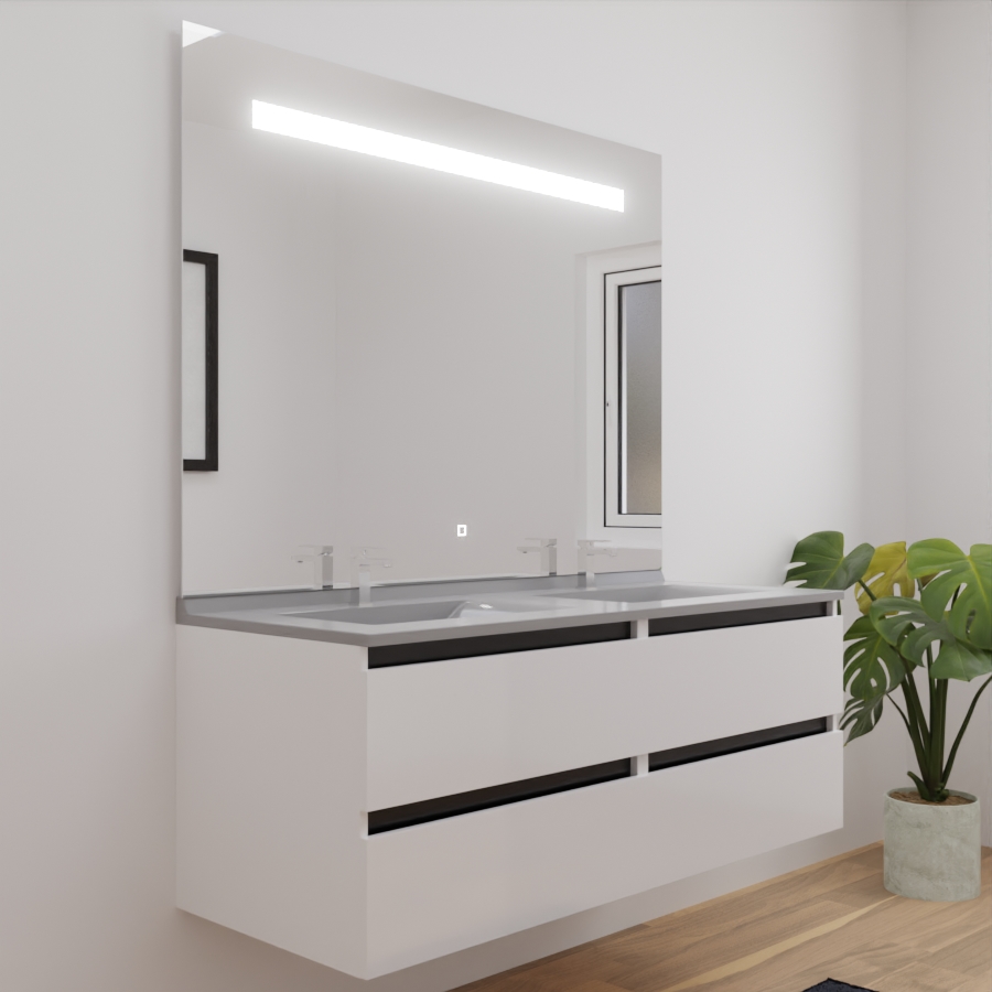 Ensemble meuble salle de bain double vasque 140 cm ARLEQUIN blanc avec traverses noires plan vasque gris et miroir LED Elegance grande hauteur