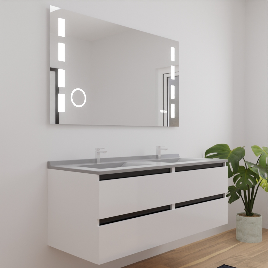 Ensemble meuble salle de bain double vasque 140 cm ARLEQUIN blanc avec traverses noires plan vasque gris et miroir LED Excellence