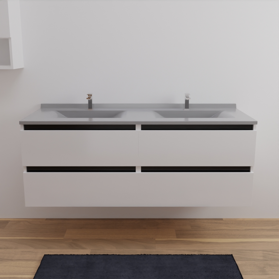 Ensemble meuble salle de bain ARLEQUIN coloris blanc et noir avec plan double vasque gris 140 cm x 55 cm 