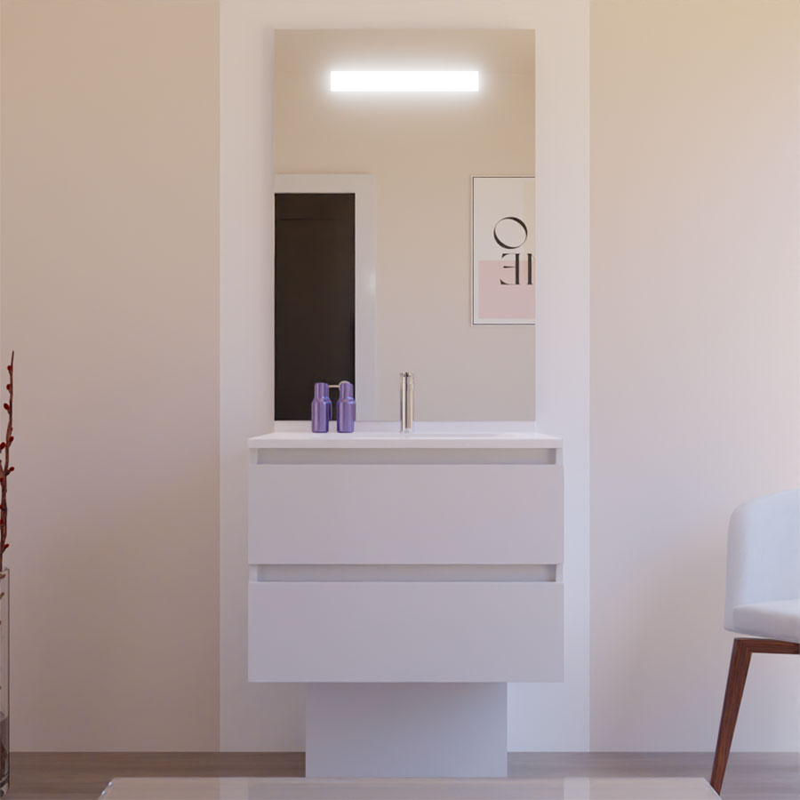 Ensemble meuble salle de bain 70 cm ARLEQUIN blanc avec plan vasque blanc avec miroir LED Elegance grande hauteur 