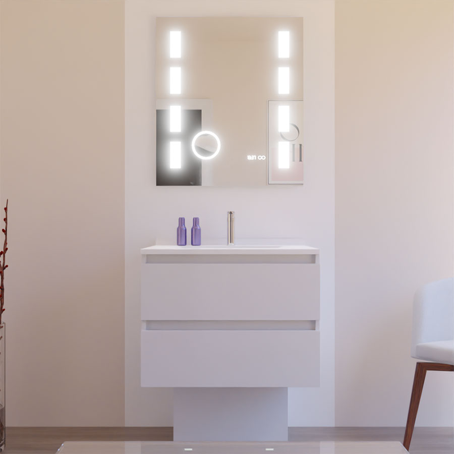 Ensemble meuble salle de bain 70 cm ARLEQUIN blanc avec plan vasque blanc avec miroir retro éclairé Excellence 