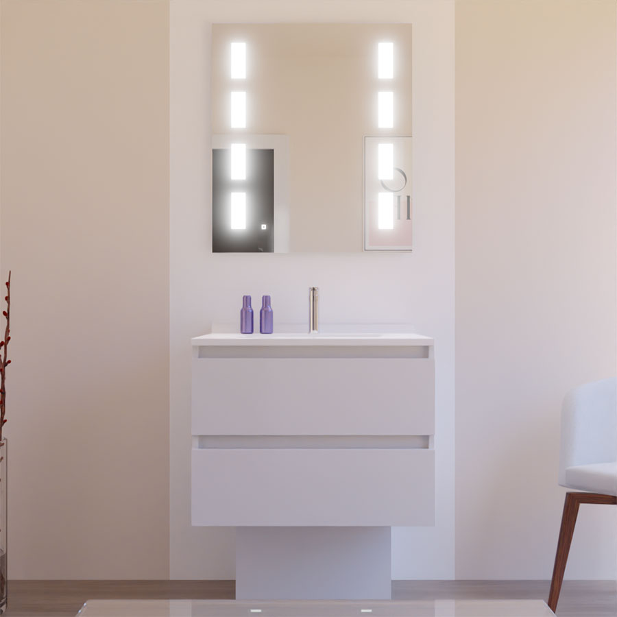 Ensemble meuble salle de bain 70 cm ARLEQUIN blanc avec plan vasque blanc avec miroir retro éclairé Prestige