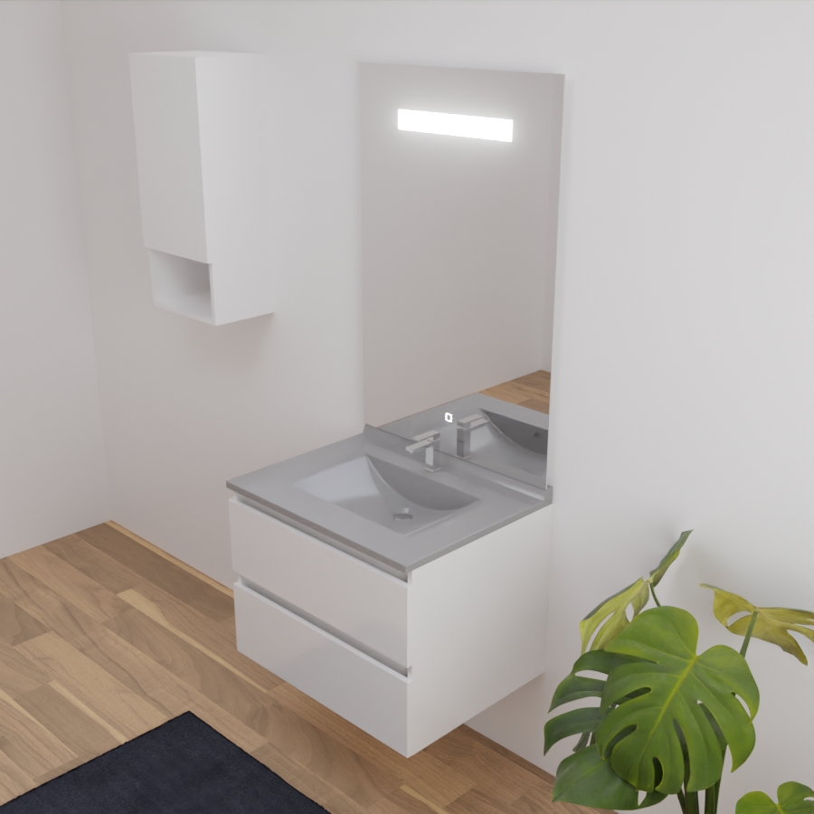  Ensemble meuble salle de bain 70 cm ARLEQUIN blanc avec plan vasque gris avec miroir LED Elegance grande hauteur