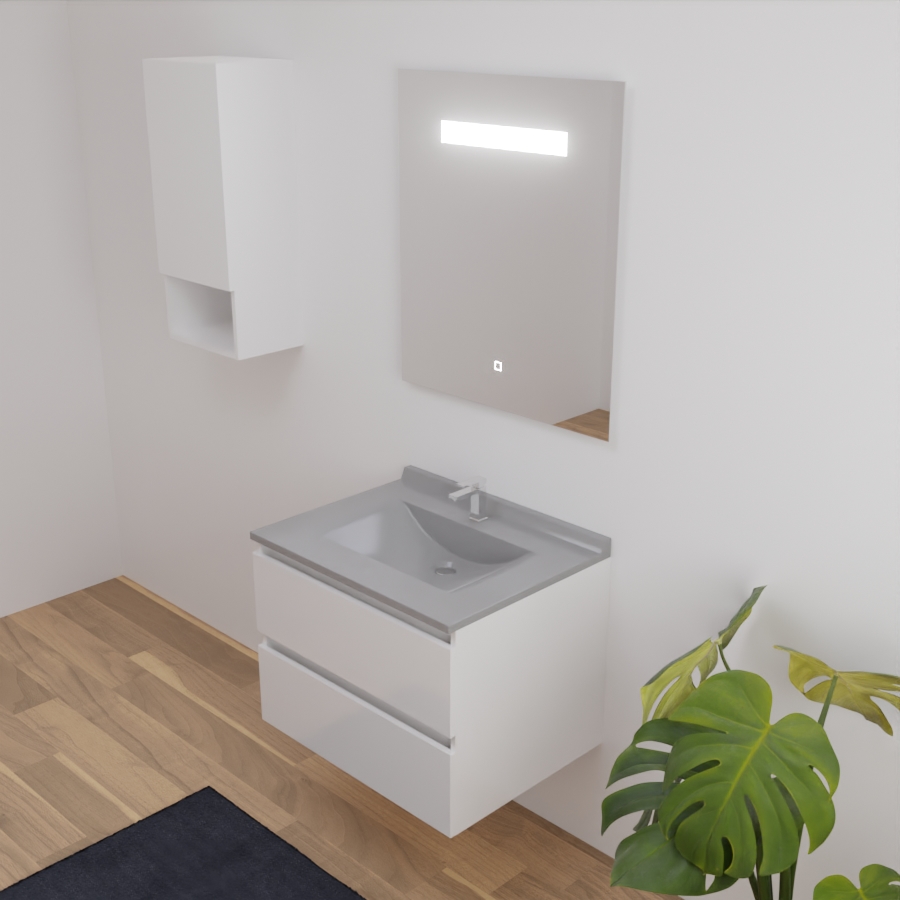  Ensemble meuble salle de bain 70 cm ARLEQUIN blanc avec plan vasque gris avec miroir LED Elegance