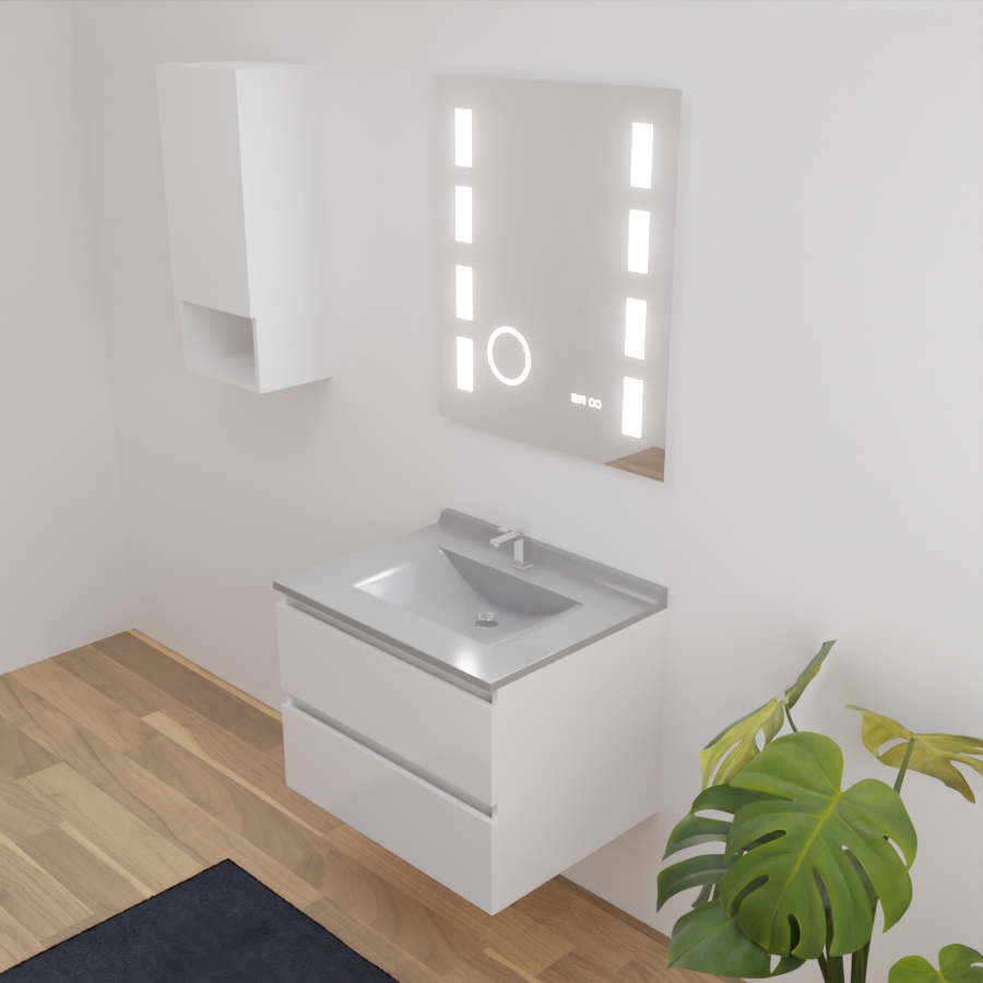  Ensemble meuble salle de bain 70 cm ARLEQUIN blanc avec plan vasque gris avec miroir LED Excellence