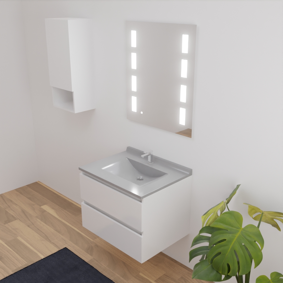  Ensemble meuble salle de bain 70 cm ARLEQUIN blanc avec plan vasque gris avec miroir LED Prestige