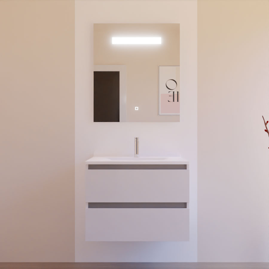  Ensemble meuble salle de bain 70 cm ARLEQUIN blanc et gris avec plan vasque blanc avec miroir LED Elegance vue de face