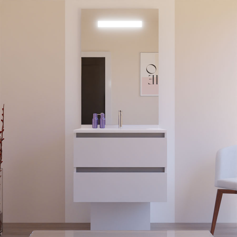 Ensemble meuble salle de bain 70 cm ARLEQUIN blanc et gris avec plan vasque blanc avec miroir LED Elegance grande hauteur