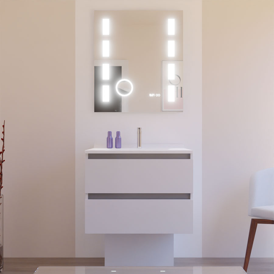 Ensemble meuble salle de bain 70 cm ARLEQUIN blanc et gris avec plan vasque blanc avec miroir retro éclairé Excellence 