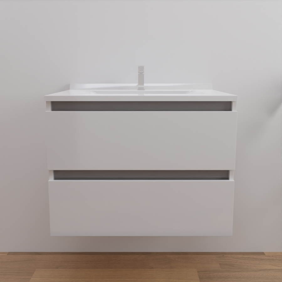 Ensemble meuble salle de bain 70 cm ARLEQUIN blanc avec traverses grises et plan vasque blanc