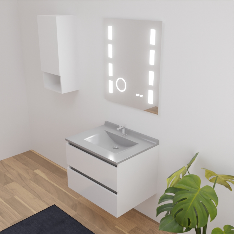  Ensemble meuble salle de bain 70 cm ARLEQUIN blanc et gris avec plan vasque gris avec miroir LED Excellence